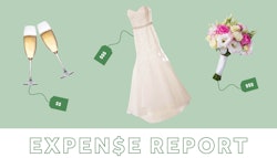 Champagne glasses, a wedding dress and a bouquet with price tags on them and the expense report logo...