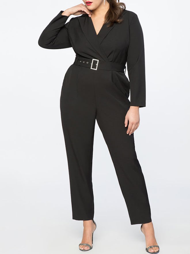 Jumpsuit with Lapel and Rhinestone Belt