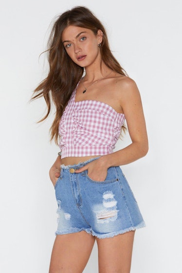 Why Do You Square Gingham One Shoulder Top Promotions