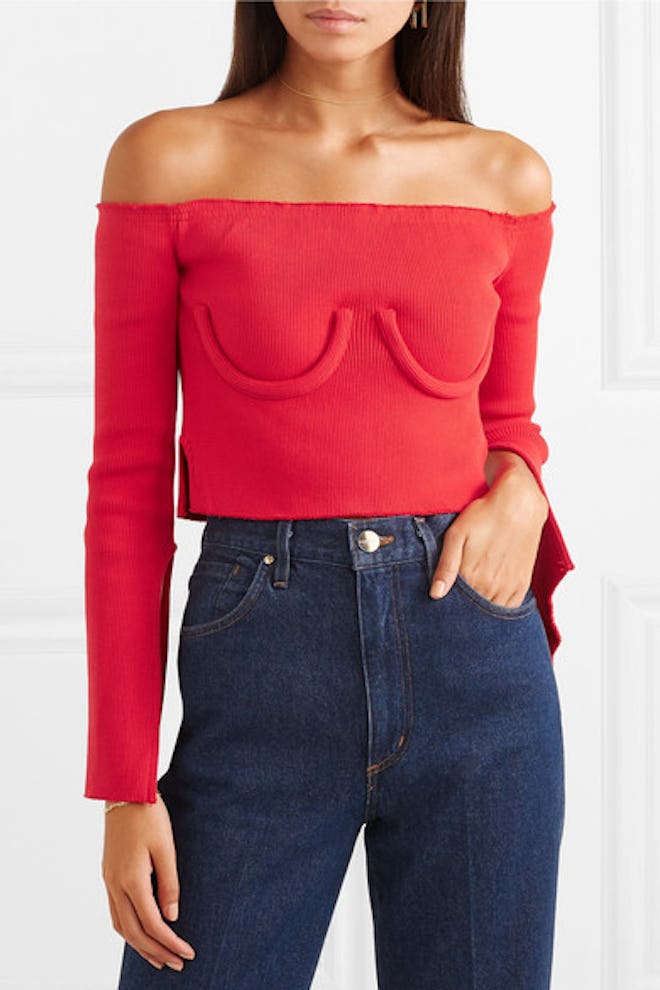 Cropped off-the-shoulder ribbed-knit sweater