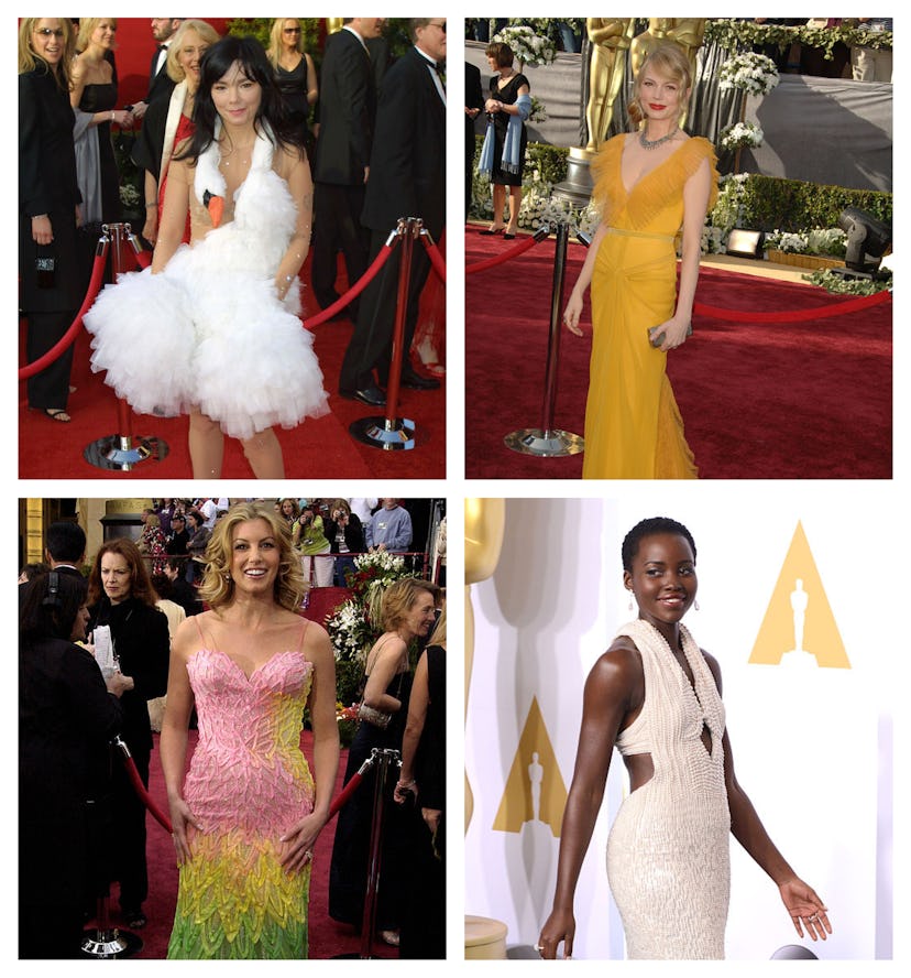 Bjork in a swan dress, Lupita Nyong'o in a white dress, Michelle Williams in a yellow dress & Faith ...