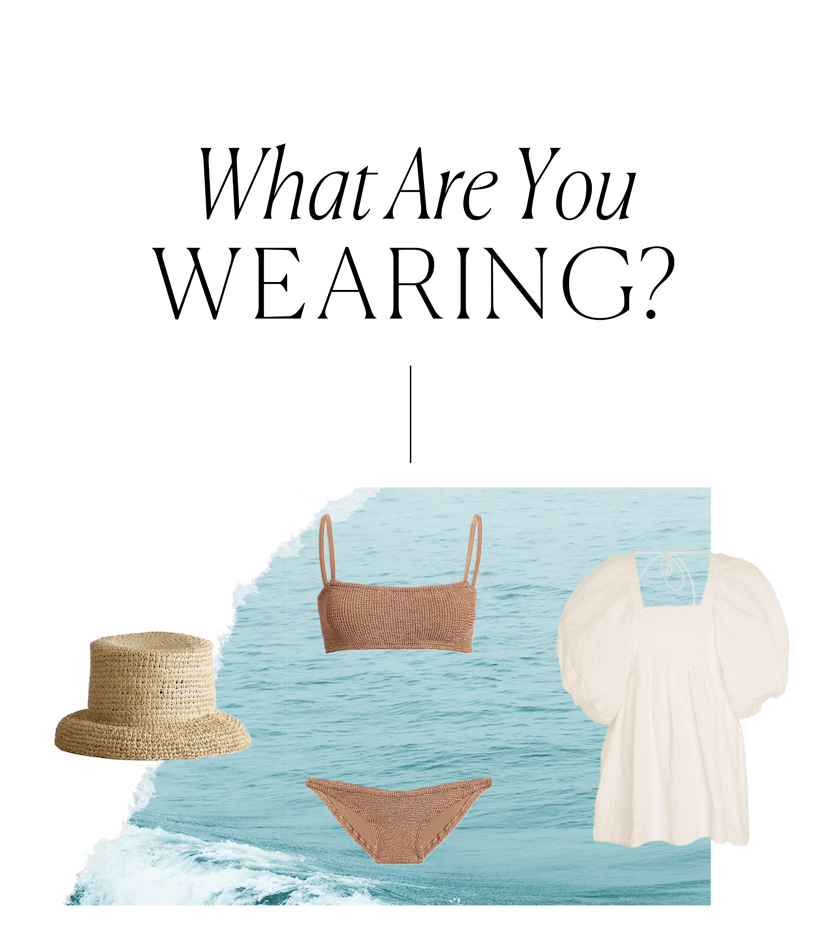 A collage with a brown bralette, a white crop top with puffer sleeves and a straw hat with the sea i...