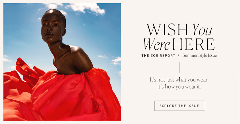 A woman in a red gown and a "Wish you were here. The Zoe Report, summer style issue" text