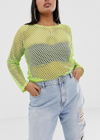 Long Sleeve Fishnet Top In Bright Green