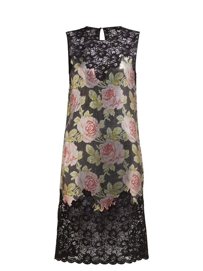 Paco Rabanne Lace and rose-print mesh mini dress