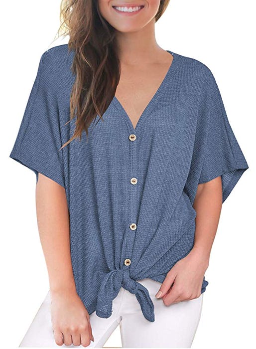 MIHOLL Women's V-Neck Button Down Tie Front Top