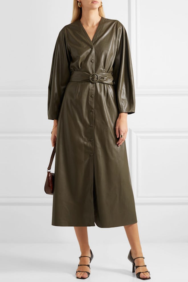 Femme Belted Vegan Leather Midi Dress