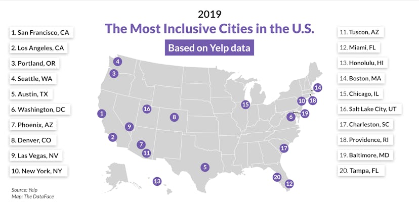 A map showing the most inclusive cities in the U.S. with LGBTQ+-owned businesses 