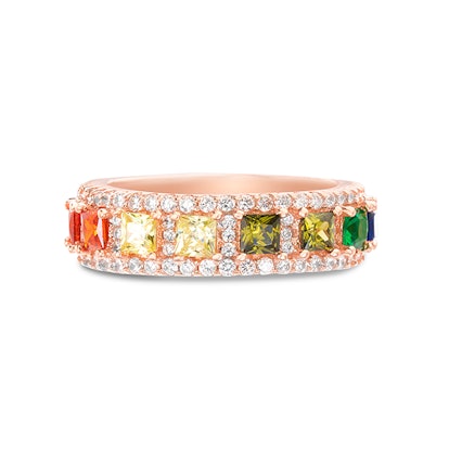 Multicolored Cubic Zirconia Halo Round Border Ring in Rose Gold Plated Sterling Silver