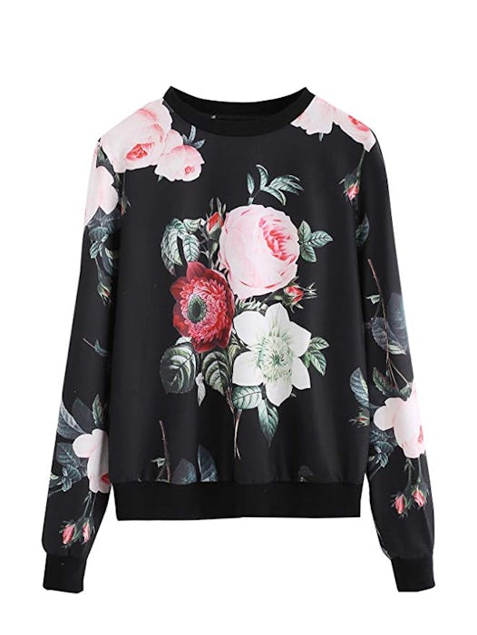 Romwe Women's Casual Floral Print Long Sleeve Pullover