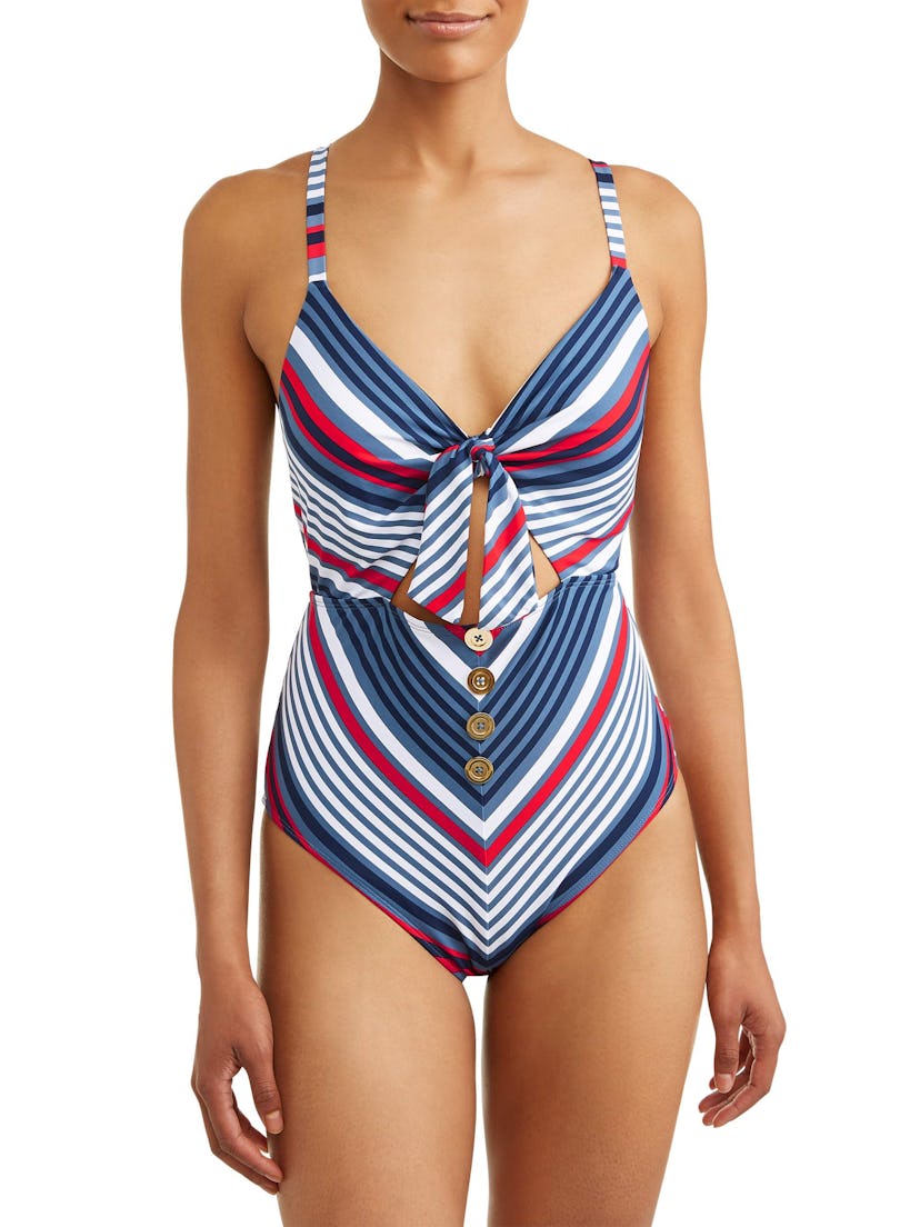 Time and Tru  Women's July Stripe Tie Front One Piece Swimsuit