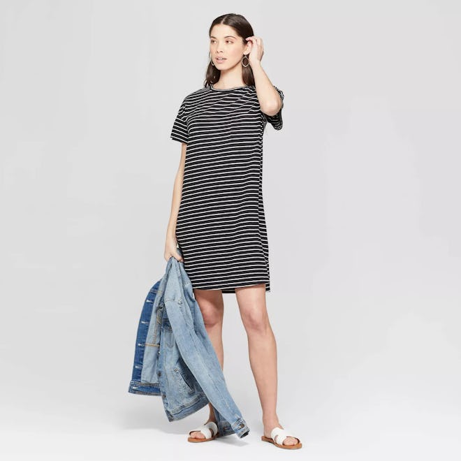 Striped Short Sleeve Crew Neck T-Shirt Dress