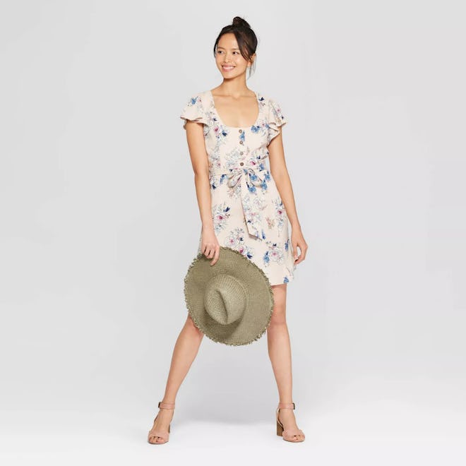 Floral Print Short Sleeve Square Neck Button Front Dress