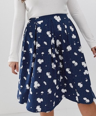 Midi Skirt With Box Pleats In Navy Floral Print