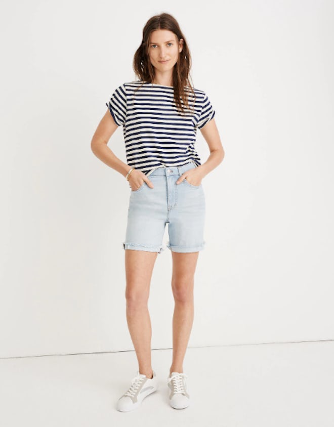 High-Rise Mid-Length Denim Shorts in Adeline Wash