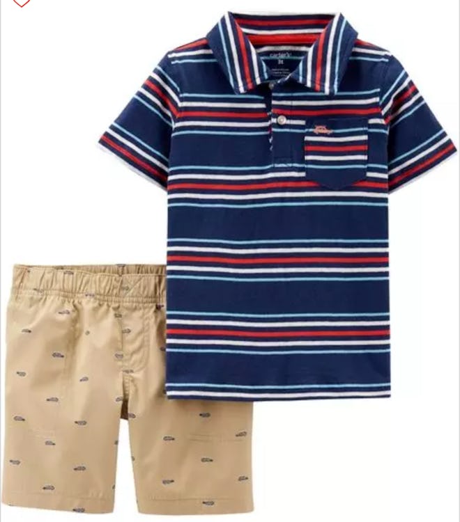 2-Piece Striped Jersey Polo & Schiffli Short Set