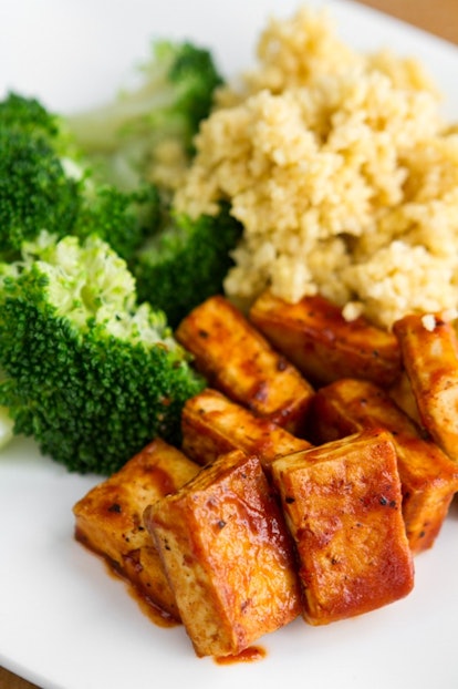 BBQ Tofu served on a plate with rice and broccoli