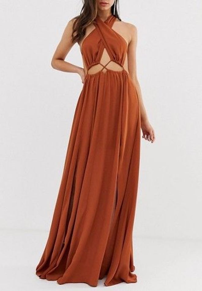 Maxi Dress With Cross Neck And Cut Out Waist Detail
