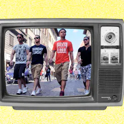 Collage of four contestants of 'Jersey Shore' walking down a street on a screen of an old televisio...