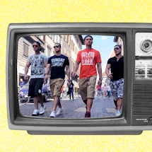 Collage of four contestants of  'Jersey Shore' walking down a street on a screen of an old televisio...