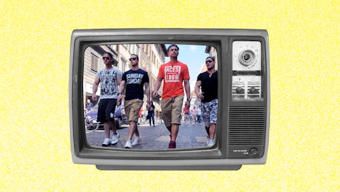 Collage of four contestants of 'Jersey Shore' walking down a street on a screen of an old televisio...