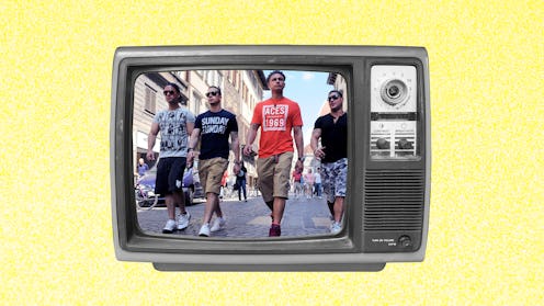 Collage of four contestants of  'Jersey Shore' walking down a street on a screen of an old televisio...