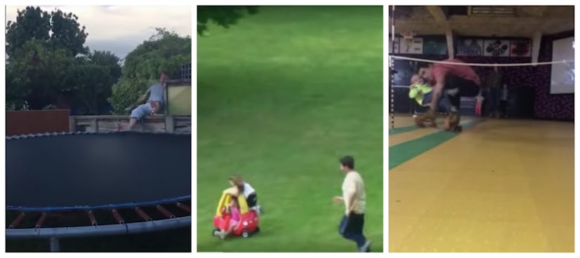 Collage of dad fails at a trampoline, grass field, and in an indoor playground