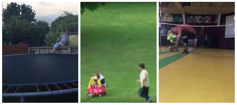 Collage of dad fails at a trampoline, grass field, and in an indoor playground