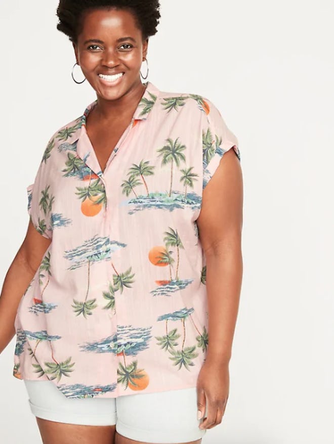 Printed Slub-Weave Plus-Size No-Peek Getaway Shirt