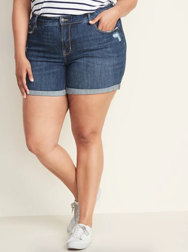 High-Rise Secret-Slim Pockets Plus-Size Distressed Denim Shorts - 5-inch inseam