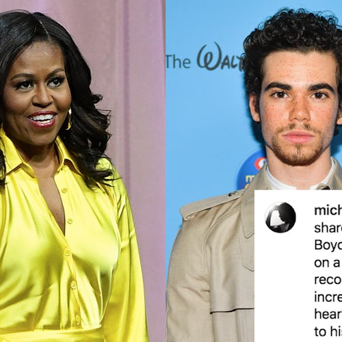 A picture of Michelle Obama, in a yellow satin shirt, next to the picture of a late Disney Star Came...
