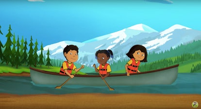 A screenshot from the Alaskan Native-led kids show 'Molly of Denali' where three characters are rowi...