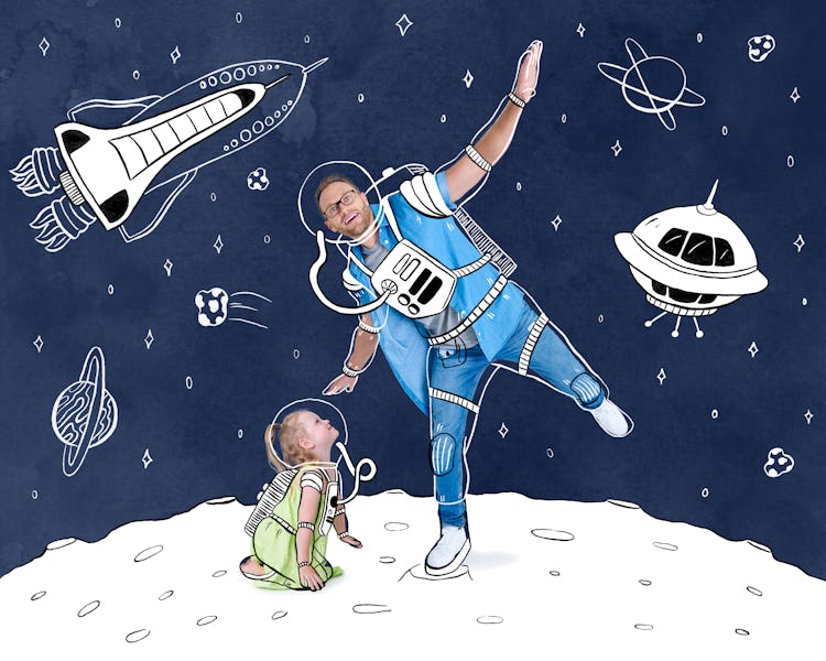 Adam Busby and his kid with the moon, space and astronaut uniforms doodled on and around them 