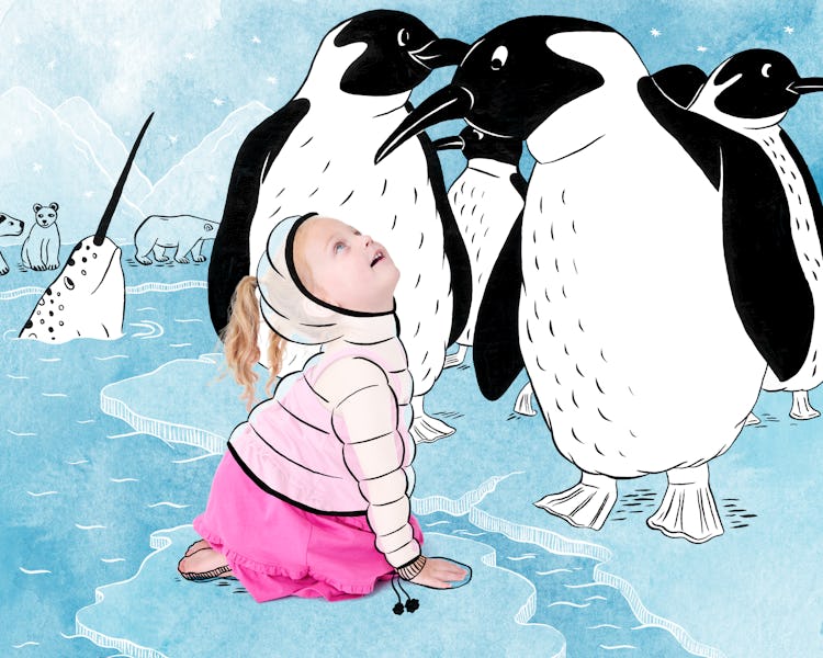 One of the Busby daughters on a background of doodled penguins and ice 