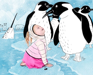 One of the Busby daughters on a background of doodled penguins and ice 