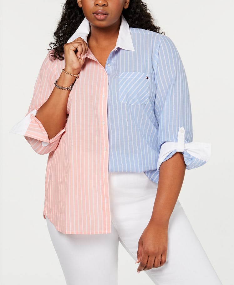 Tommy Hilfiger Plus Size Cotton Two-Tone Striped Shirt, Created for Macy's