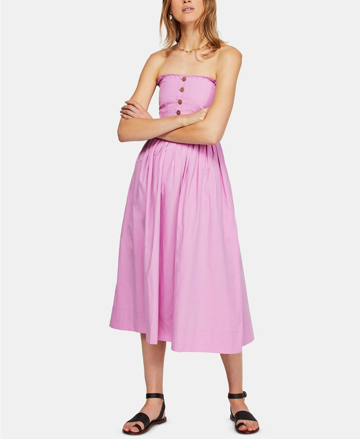 lilah cotton pleated strapless midi dress