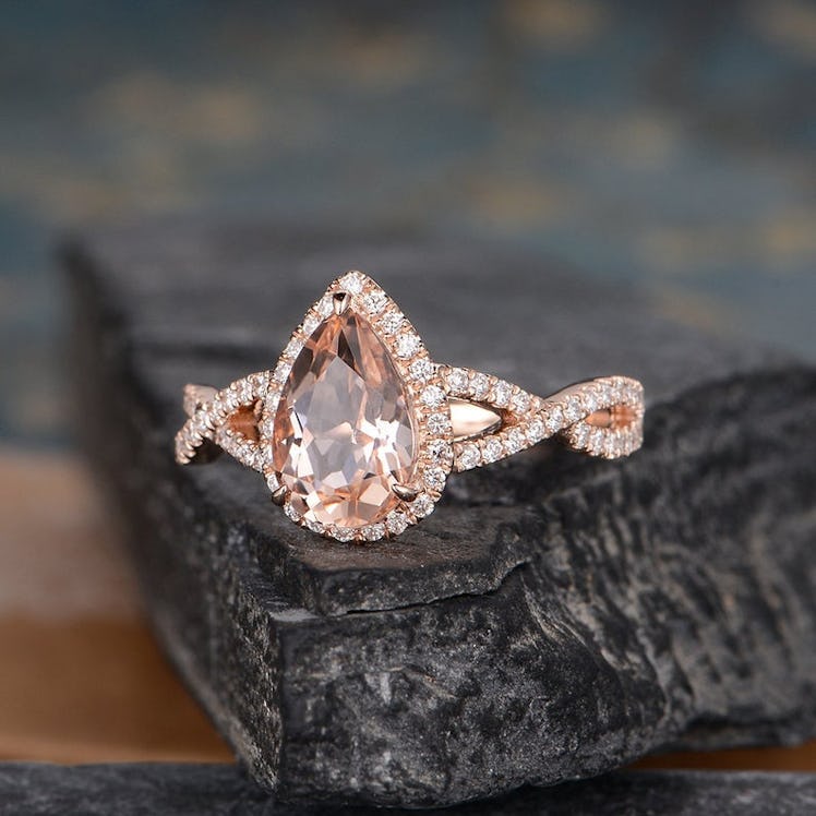 Pear Shaped Morganite Engagement Ring, Rose Gold, Natural Diamond Halo