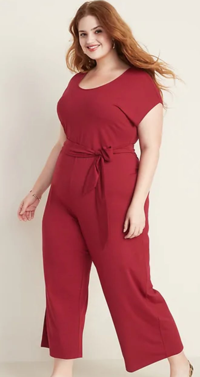 Jersey Tie-Belt Wide-Leg Plus-Size Jumpsuit