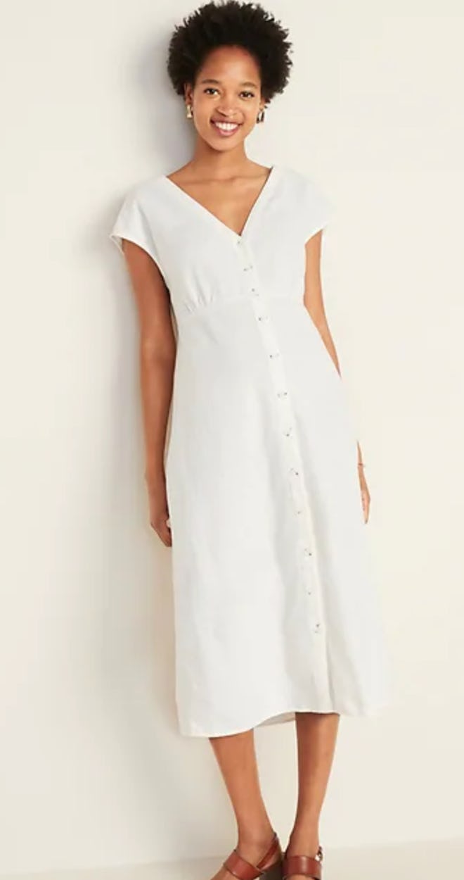 Button-Front V-Neck Linen-Blend Midi 