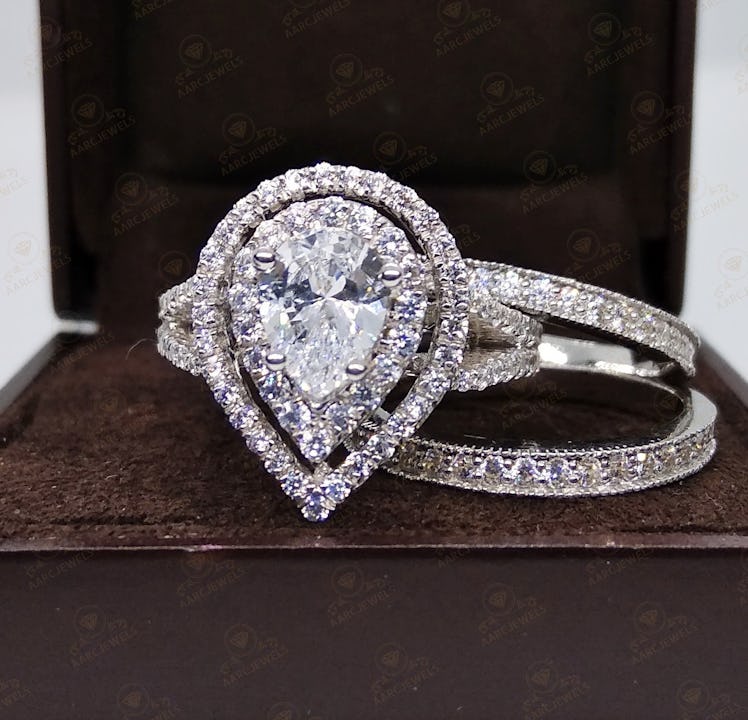 Pear Shaped Double Halo 3 Piece Engagement Ring Set