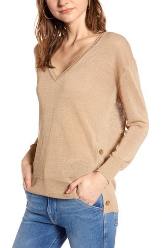 Side Button Linen Blend V-Neck Sweater 