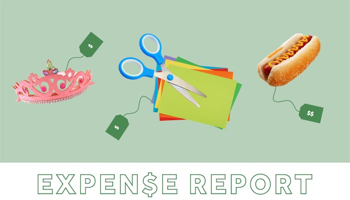 A collage with a pink tiara, pile of paper in different colors, and a hot dog with price tags on the...