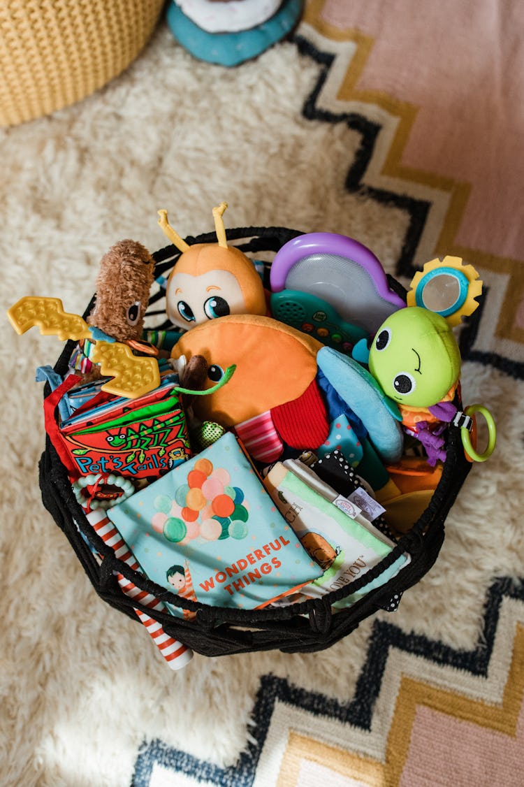 Molly Yeh's baby nursery with a little basket of rattles