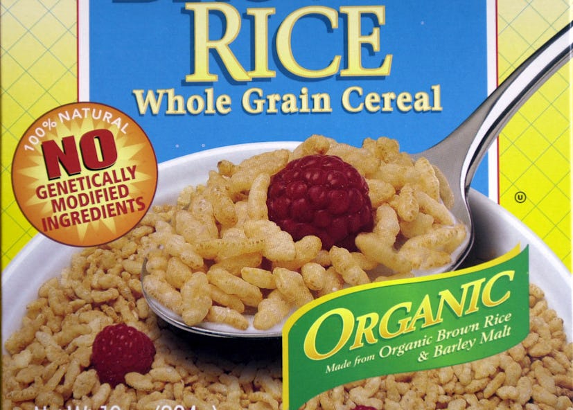 A box of Rice Whole Grain Cereal with a label on it that says "Organic" and "Made From Organic Brown...