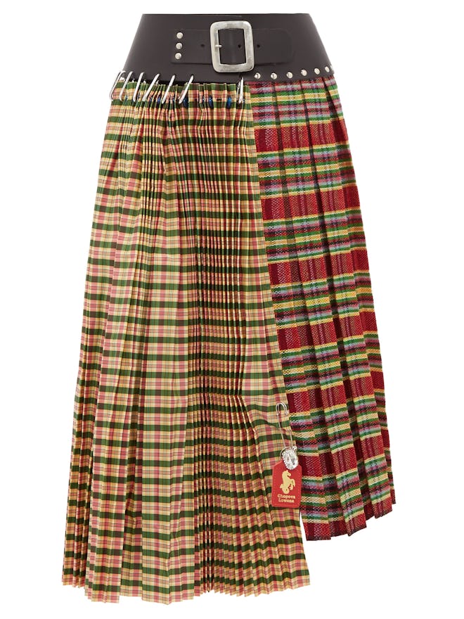 Chopova Lowena Tartan and leather pleated wool-blend skirt