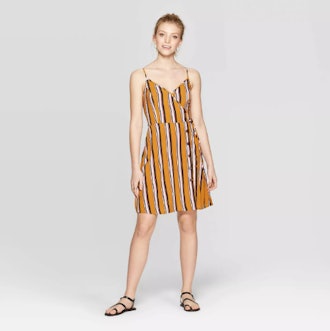 Xhilaration Women's Striped Sleeveless V-Neck Strappy Button Front Wrap Dress