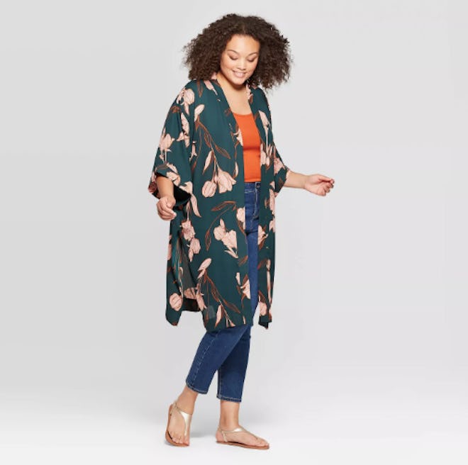 A New Day Women's Plus Size Floral Mid Length with High Side Slits Kimono