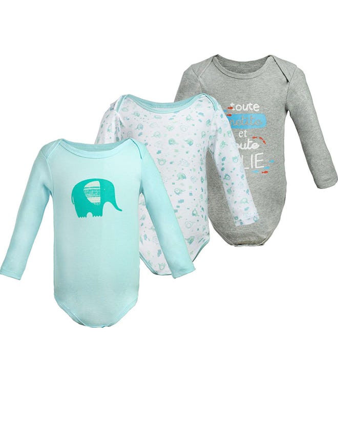 COTTON FAIRY Newborn Unisex Baby Romper 3-Pack Elephant & Slogan Print Long Sleeve Infant Summer Clo...