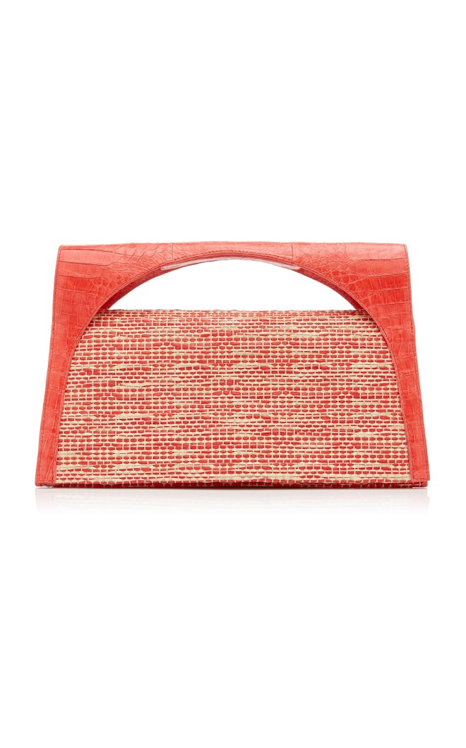 Sammy Crocodile-Trimmed Raffia Top Handle Bag